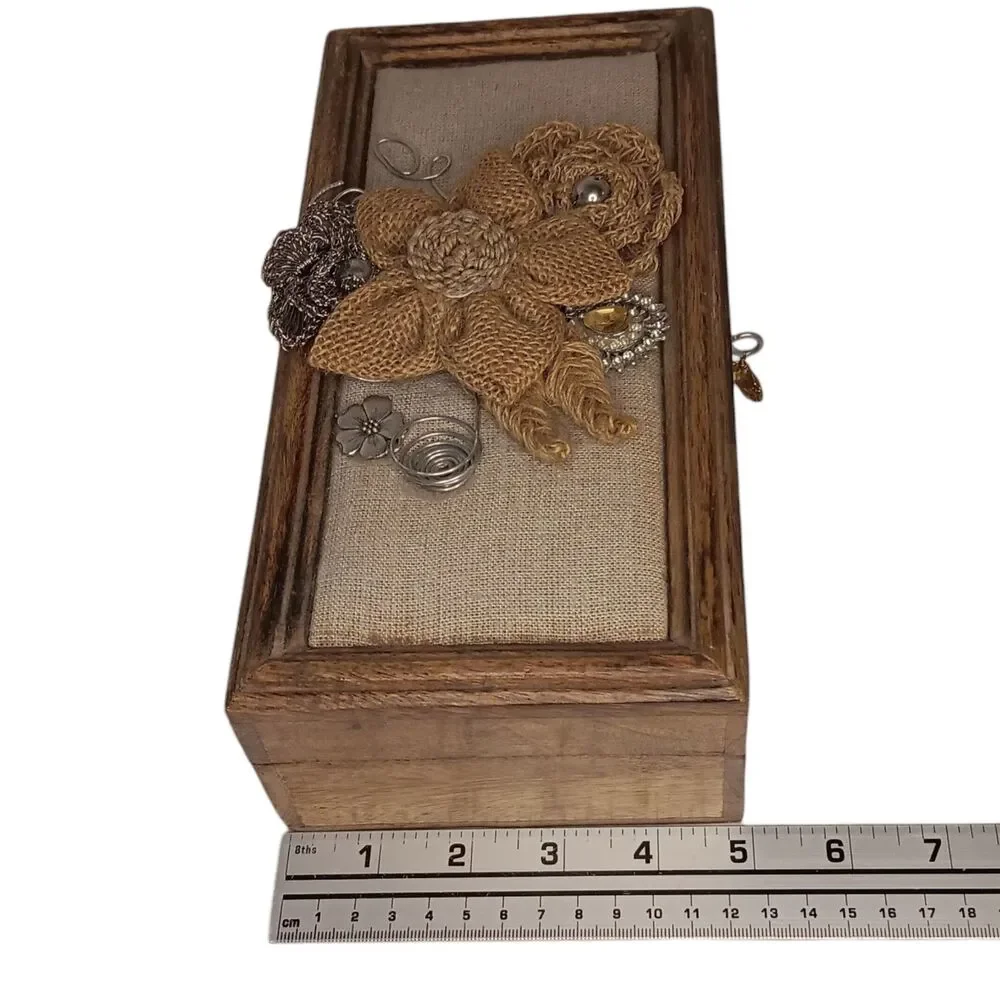 Jewelry Box Brown Wooden Trinket Box With Burlap And Silver Metal Flowers 10x5x3